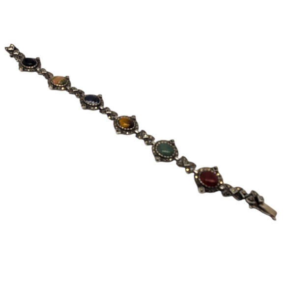 Vintage Marcasite Sterling Silver Carved Gemstone Scarab Bracelet #20595 - Picture 3 of 10